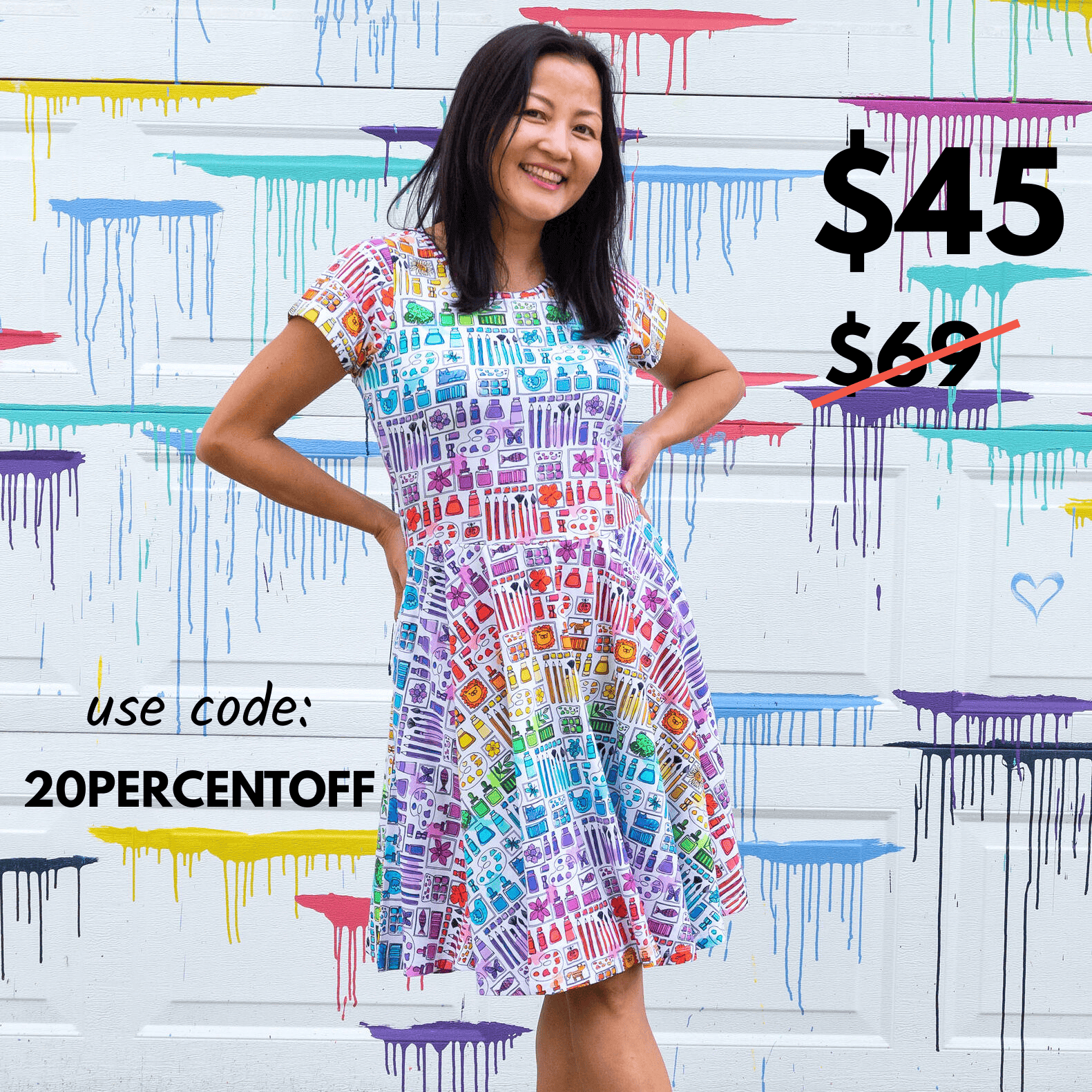 Adult "Smarty Paints" Rainbow Art Supplies Super Twirler Dress with Pockets