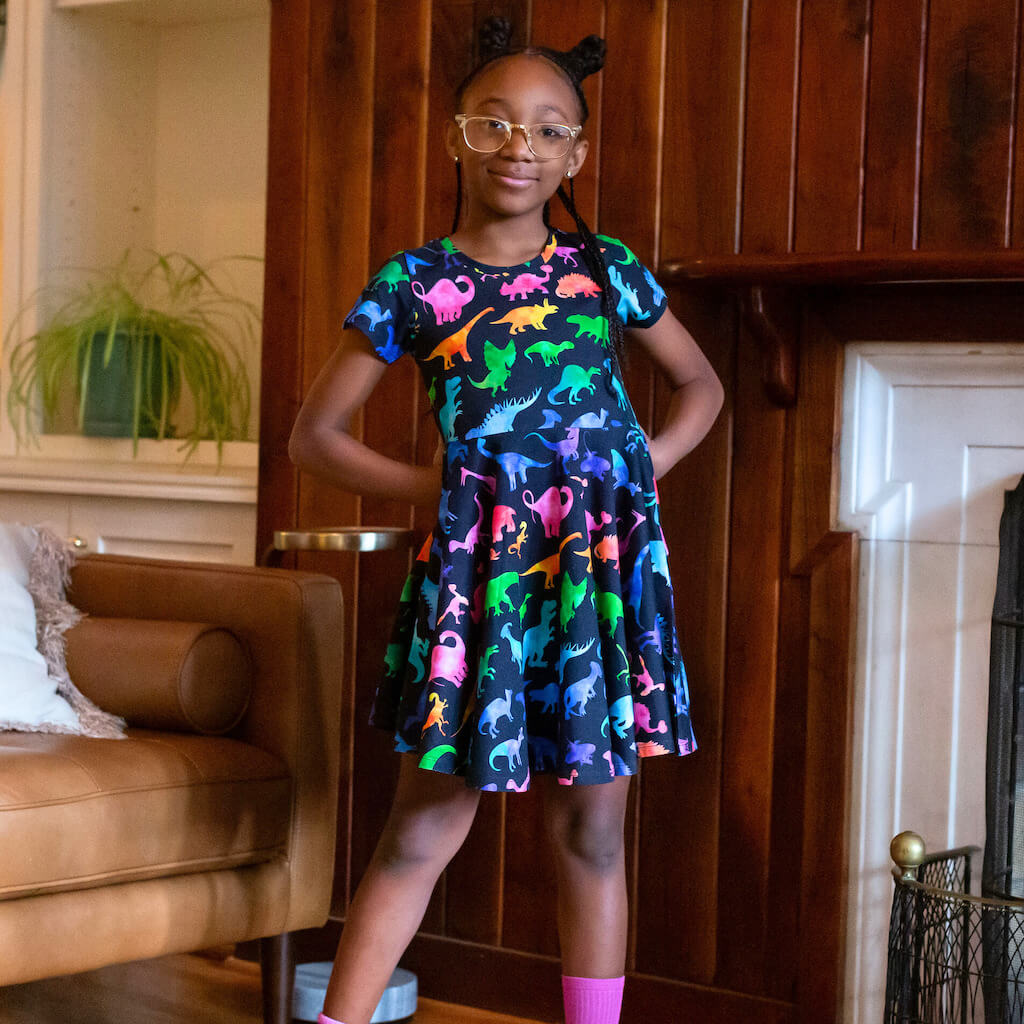 "Prehistoric Parade" Rainbow of Dinosaurs Super Twirler Dress with Pockets