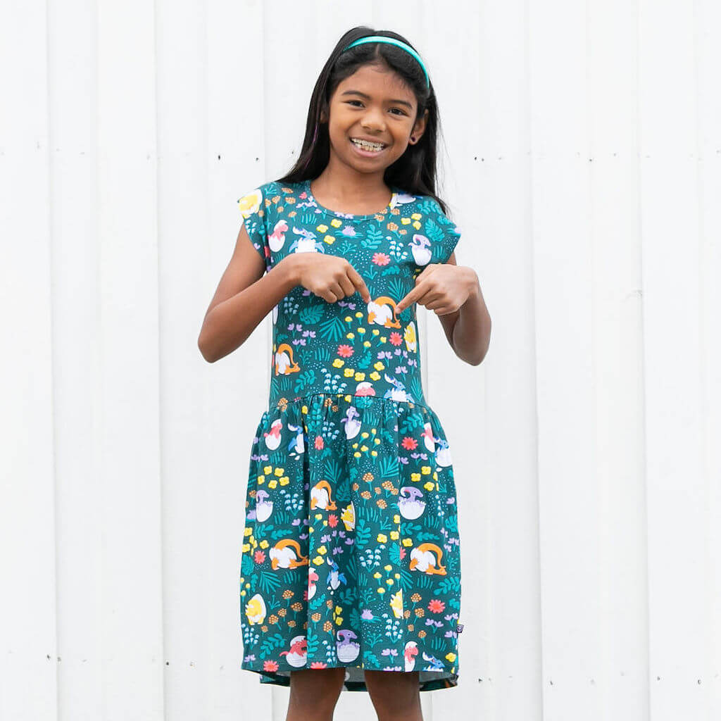 "Jurassic Peep" Dinosaur Eggs Cap Sleeve Dress with Pockets