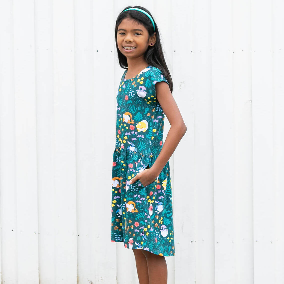 "Jurassic Peep" Dinosaur Eggs Cap Sleeve Dress with Pockets