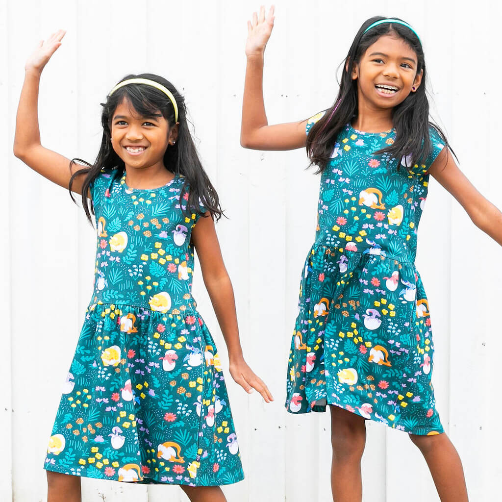 "Jurassic Peep" Dinosaur Eggs Cap Sleeve Dress with Pockets