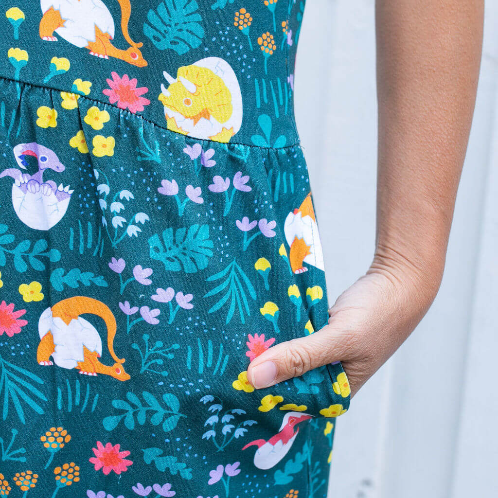 Adult "Jurassic Peep" Dinosaur Eggs Cap Sleeve Dress with Pockets