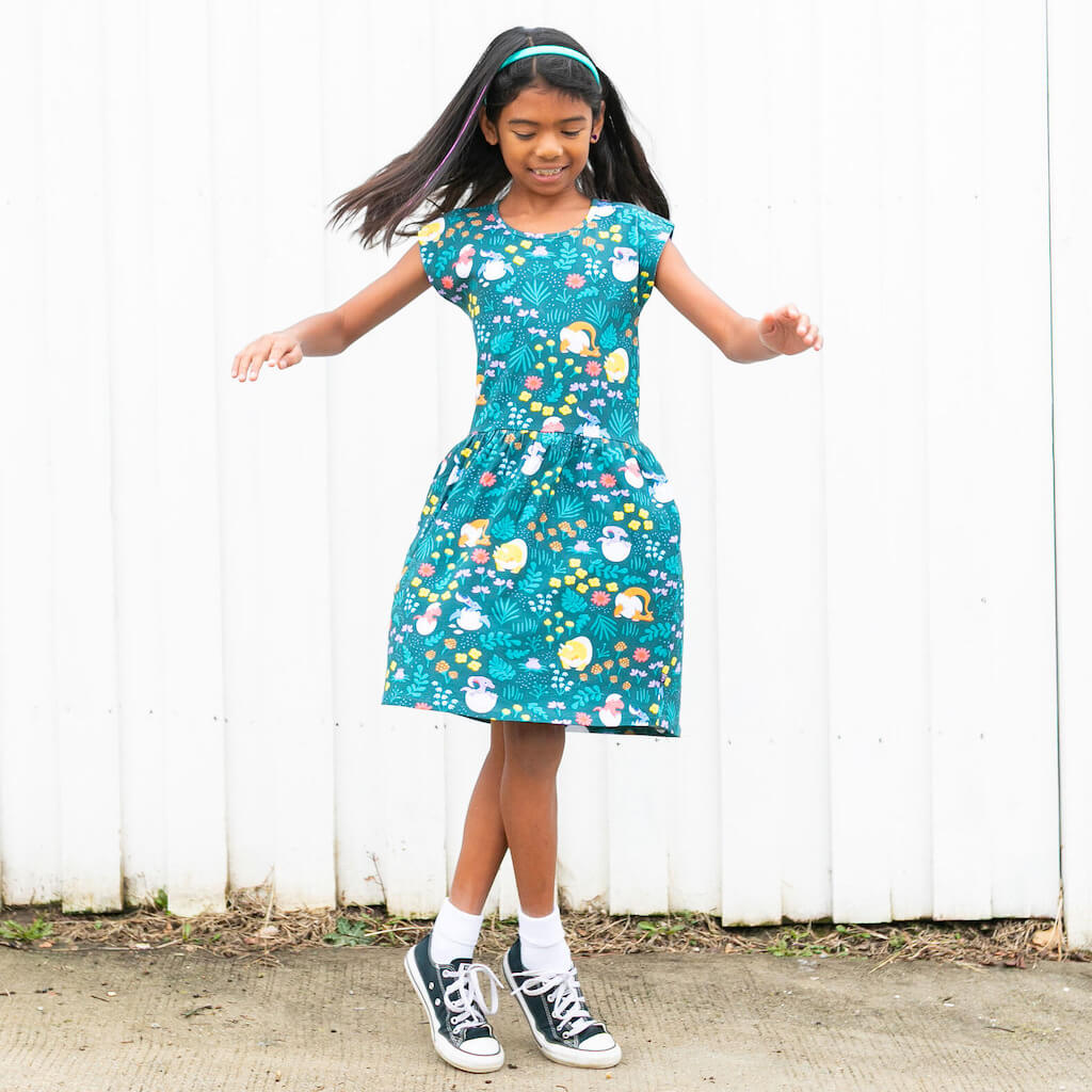 "Jurassic Peep" Dinosaur Eggs Cap Sleeve Dress with Pockets