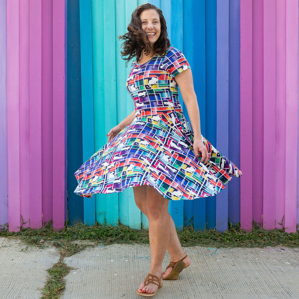 Adult "Check Meowt" Rainbow Books & Cats Super Twirler Dress with Pockets