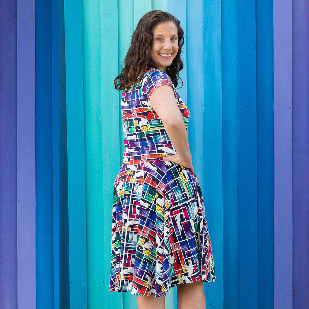 Adult "Check Meowt" Rainbow Books & Cats Super Twirler Dress with Pockets
