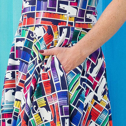 Adult "Check Meowt" Rainbow Books & Cats Super Twirler Dress with Pockets