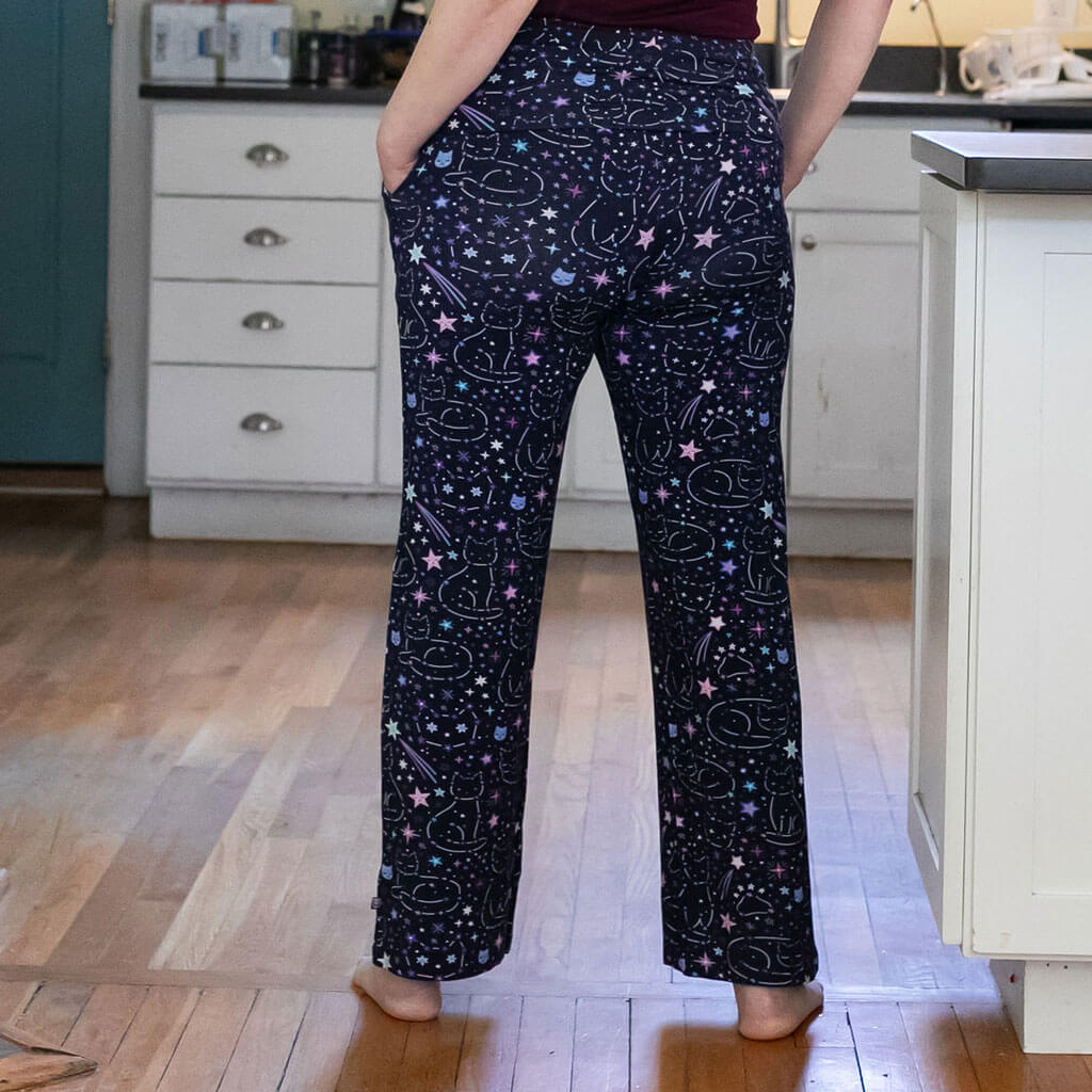Adult "Kitten in the Stars" Cat Constellations Foldover Straight Leg Lounge Pants with Pockets