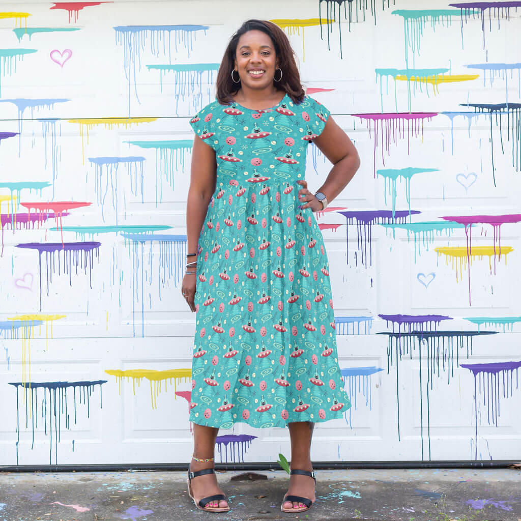 Adult "Beam Me Up, Kitty" Cats in Space Saucers Dress with Pockets