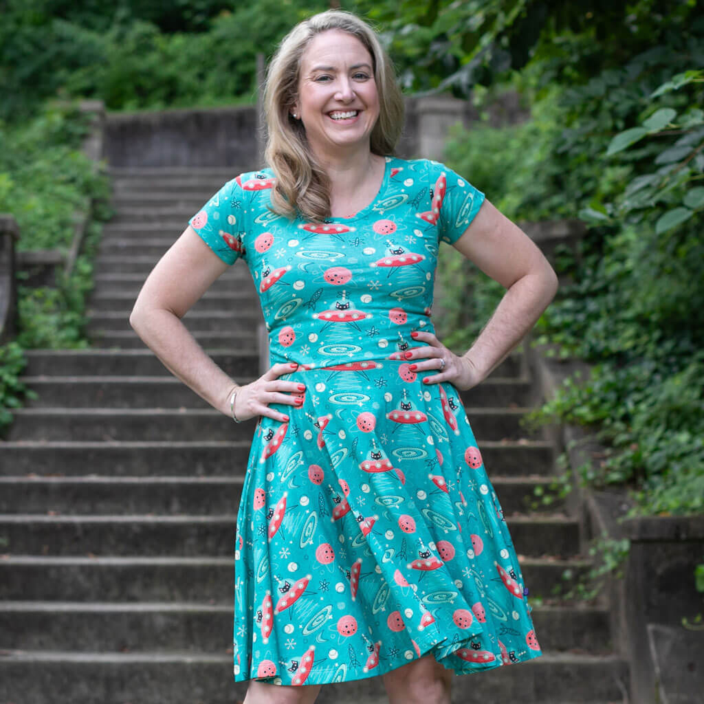 Adult "Beam Me Up, Kitty" Cats in Space Saucers Dress with Pockets