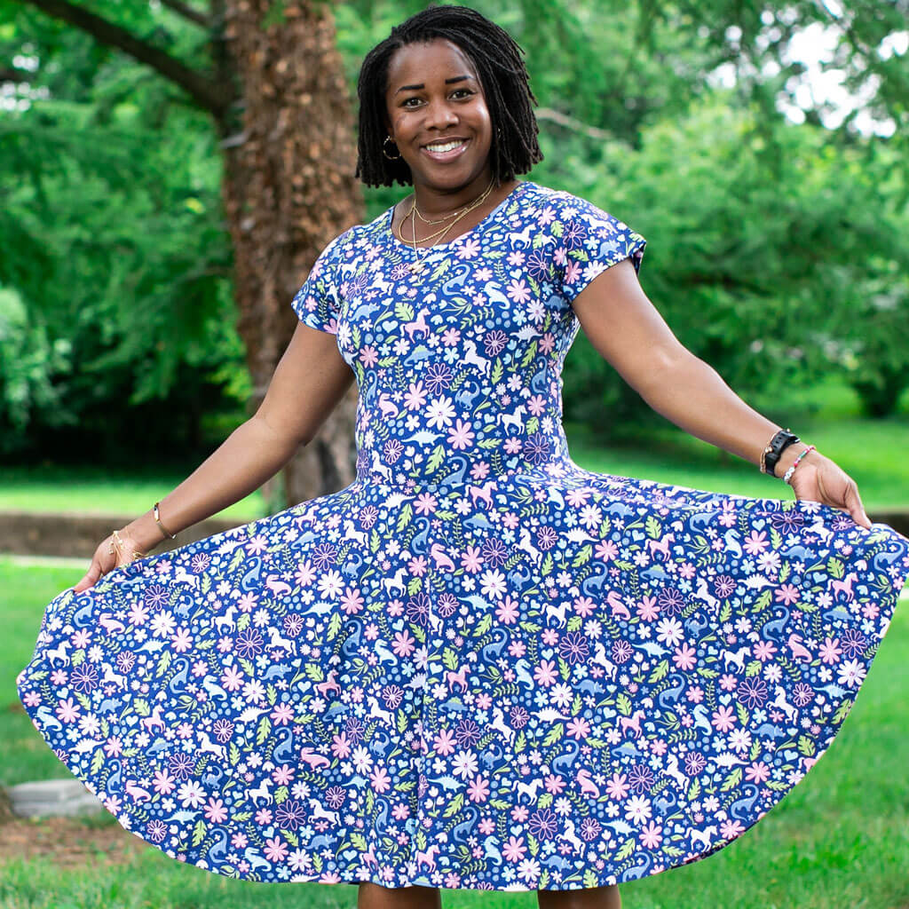 Adult "Only In My Dreams" Dinosaurs & Unicorns Super Twirler Dress with Pockets