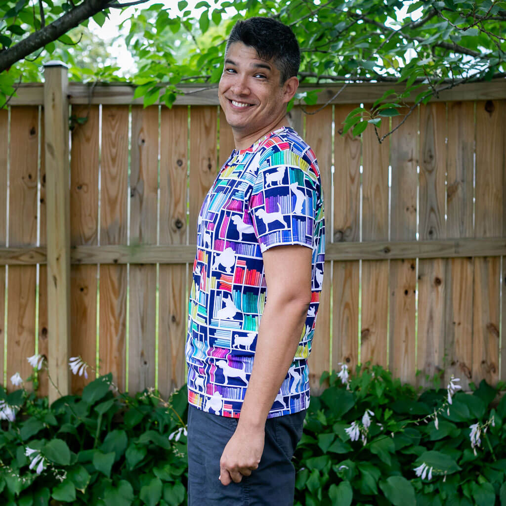 Adult "Dog Eared" Rainbow Books & Dogs Henley Short Sleeve Tee