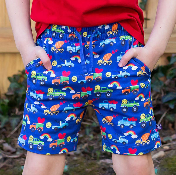 "Happy Traffic" Trucks Drawstring Shorts with Pockets