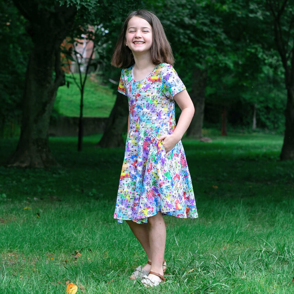 "Staff Meeting" Rainbow Music Notes Super Twirler Dress with Pockets