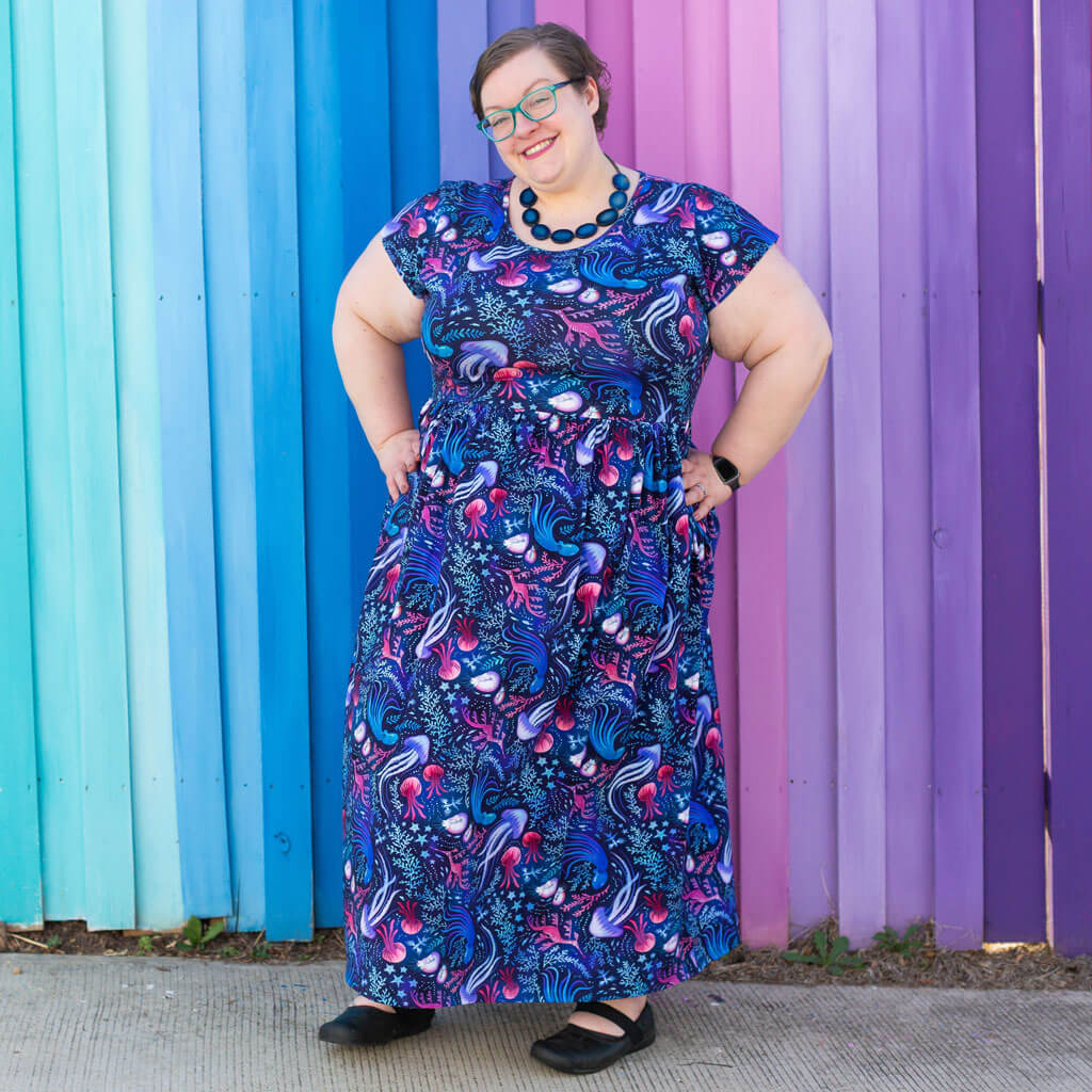 Adult "Oceans Aglow" Marine Life Cap Sleeve Maxi Dress With Pockets