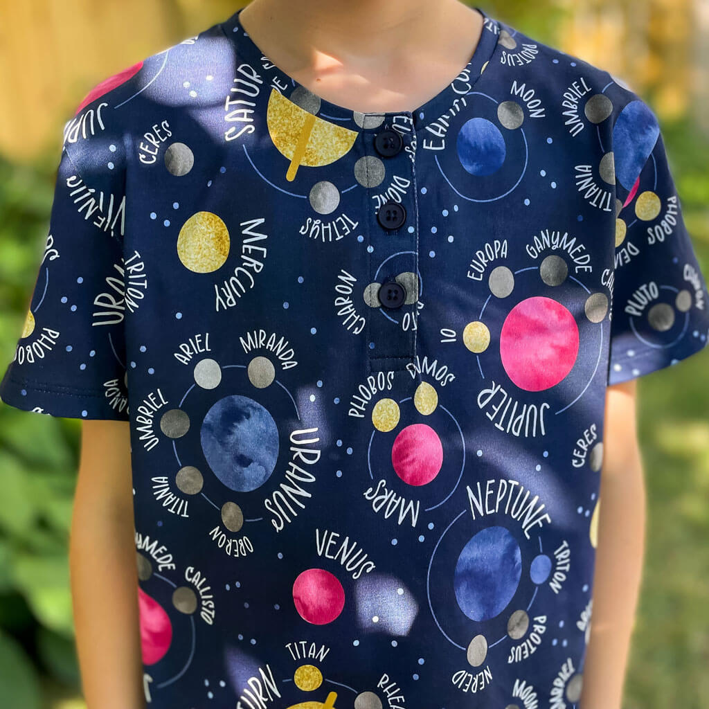 "Night Lights" Planets and Moons Henley Short Sleeve Tee