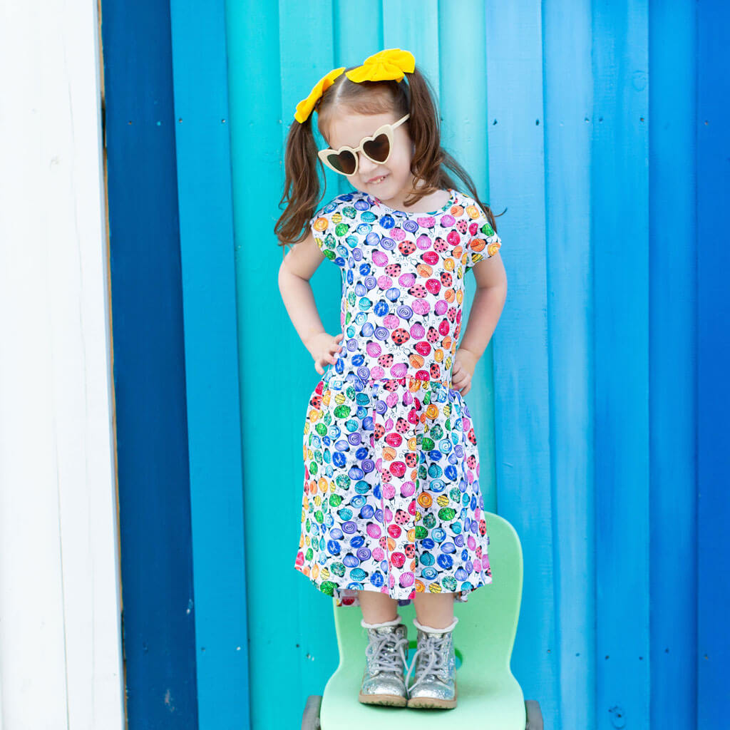"Jewelbug" Rainbow of Bugs Cap Sleeve Dress with Pockets