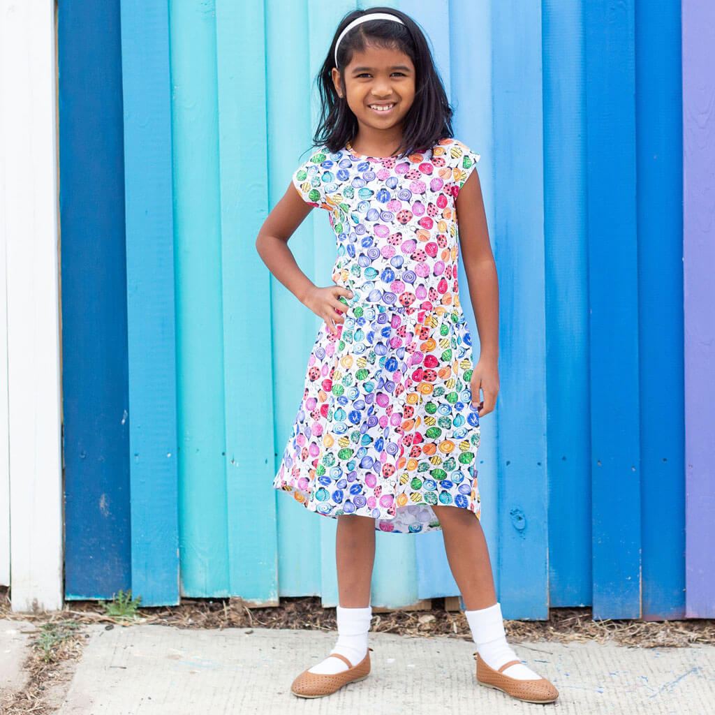 "Jewelbug" Rainbow of Bugs Cap Sleeve Dress with Pockets