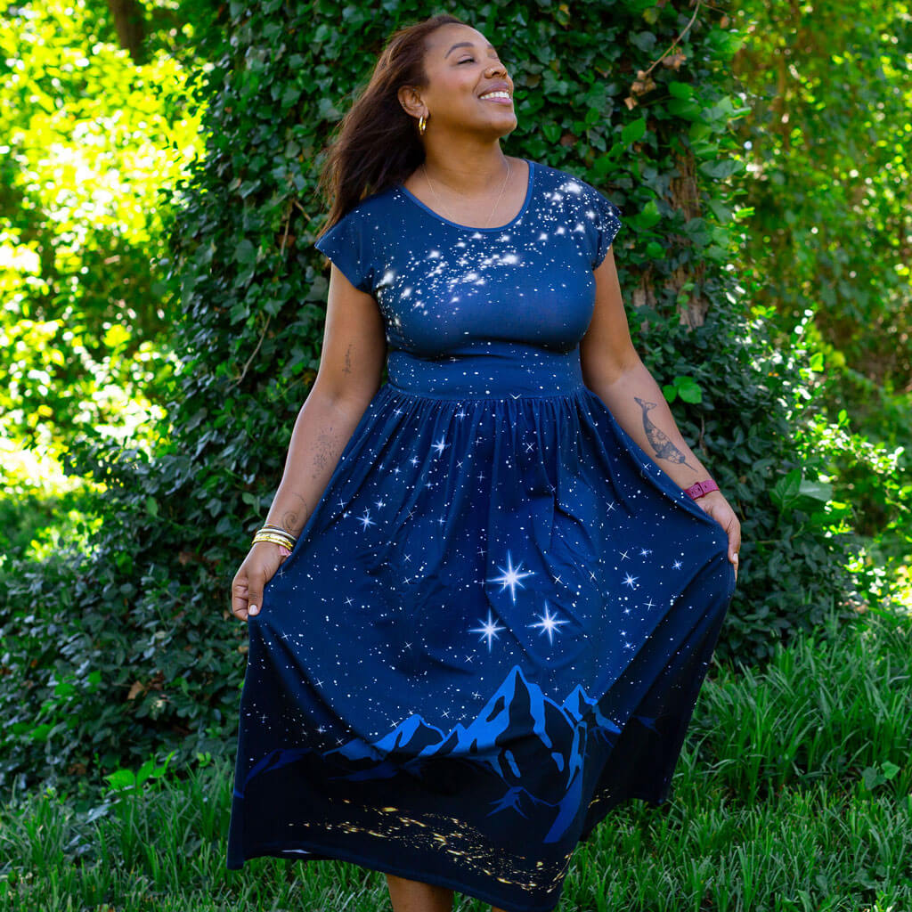Adult "Beyond the Vale" Starry Mountains Cap Sleeve Maxi Dress With Pockets