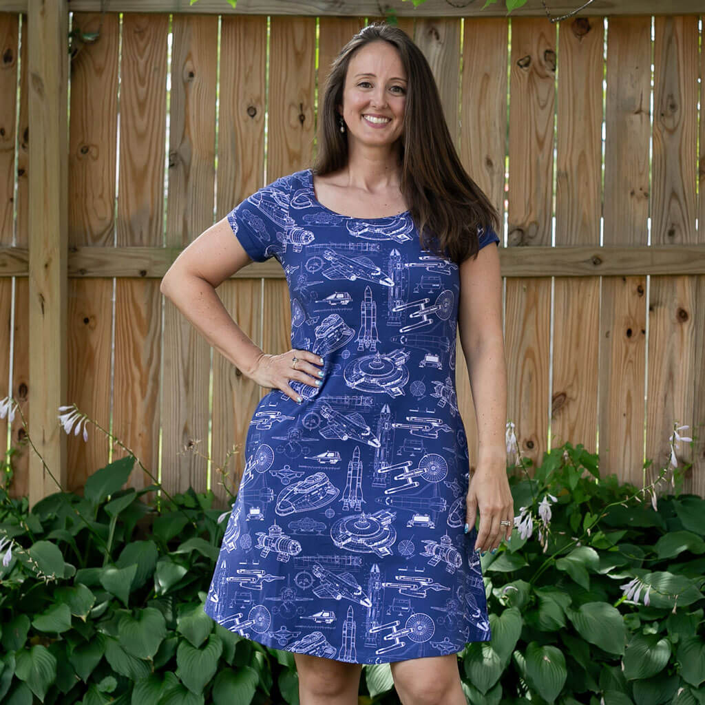 Adult Starship Blueprints T-Shirt Dress with Pockets