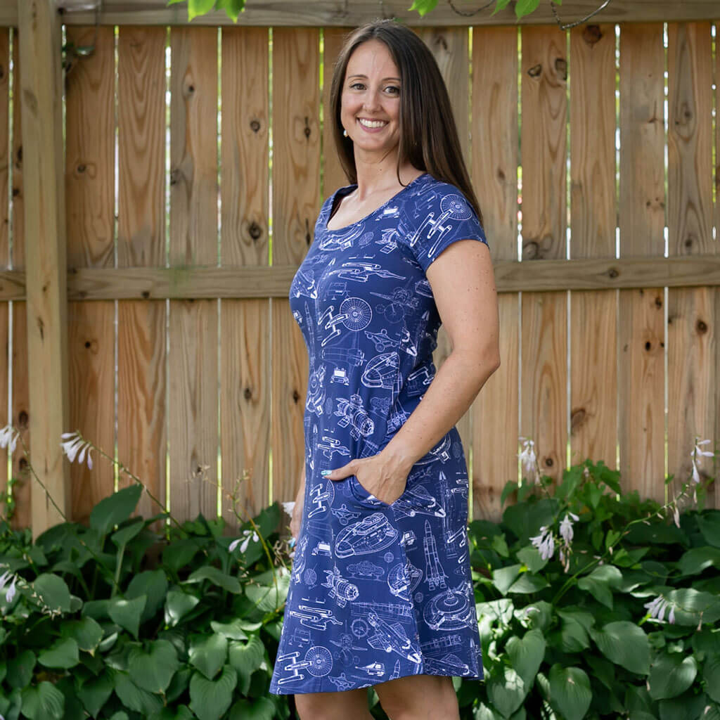Adult Starship Blueprints T-Shirt Dress with Pockets