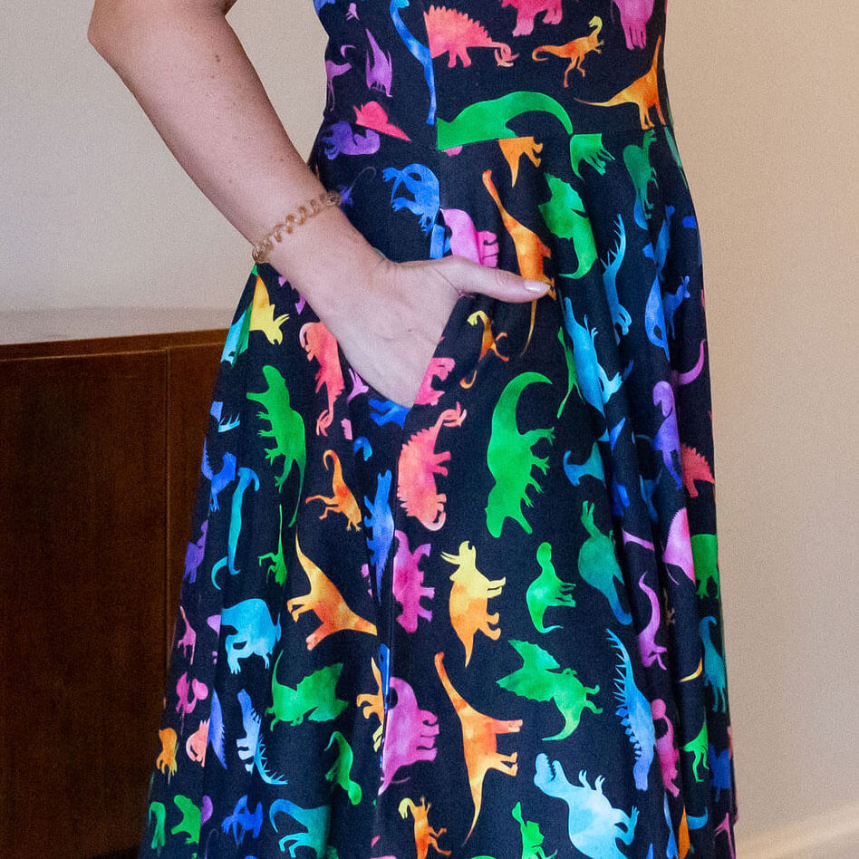 Adult "Prehistoric Parade" Rainbow of Dinosaurs Dress with Pockets