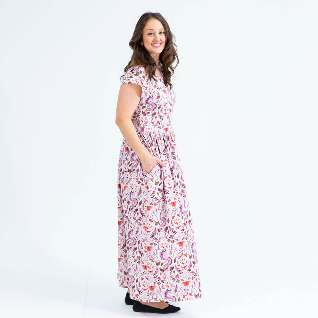 Adult "Ferns of Endearment" Woodland Dragons Cap Sleeve Maxi Dress With Pockets
