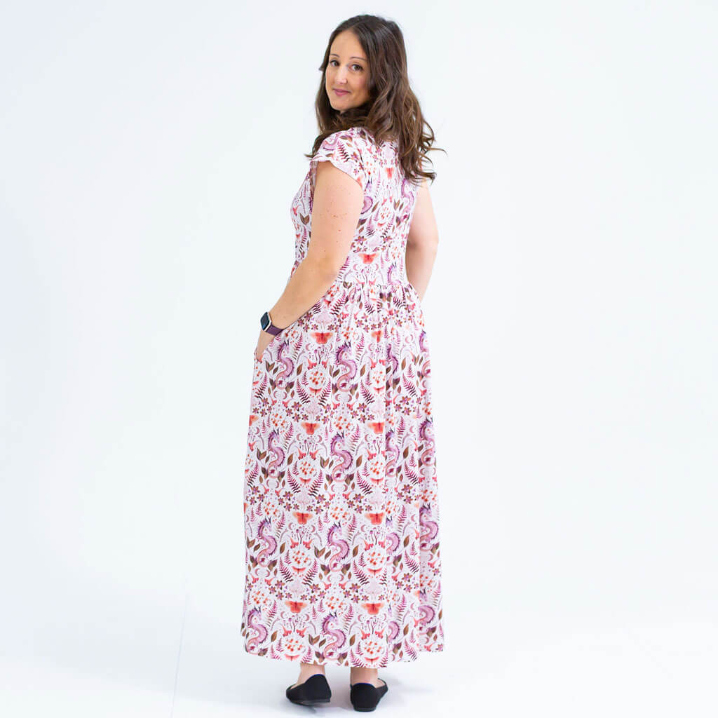 Adult "Ferns of Endearment" Woodland Dragons Cap Sleeve Maxi Dress With Pockets