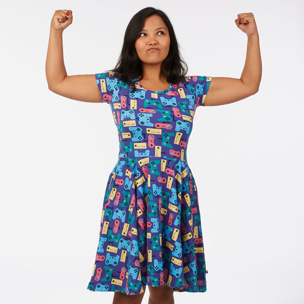 “Control Chic” Video Games Short Sleeve Super Twirler Dress with Pockets - Adult