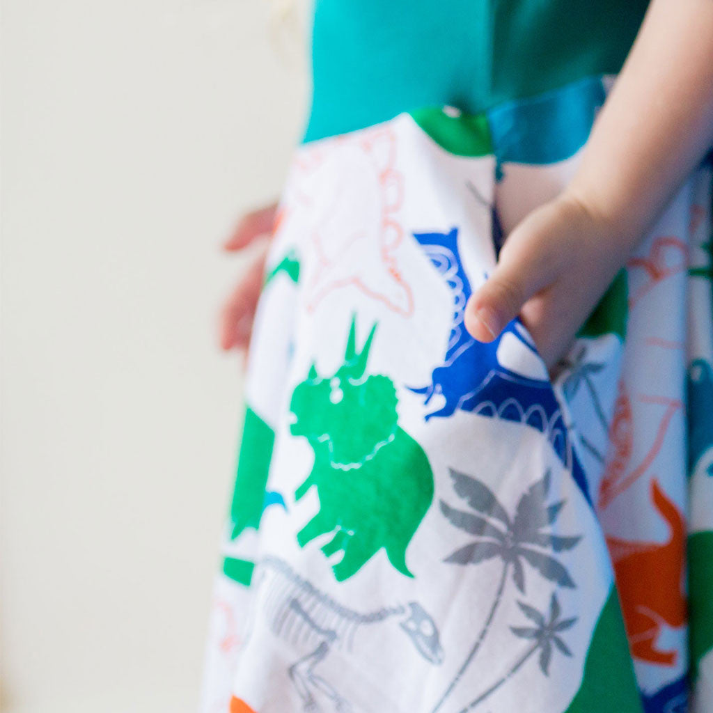 "Mesozoic Mischief" Dinosaurs Twirly Play Dress with Pockets