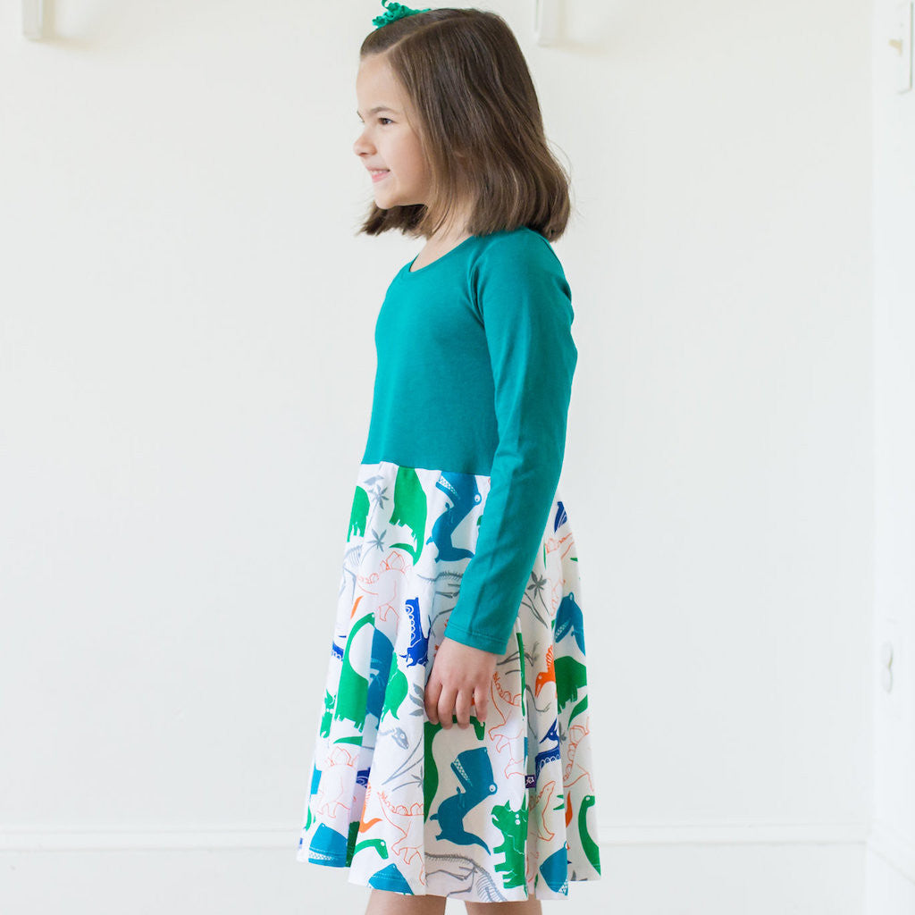 "Mesozoic Mischief" Dinosaurs Twirly Play Dress with Pockets and Long Sleeves