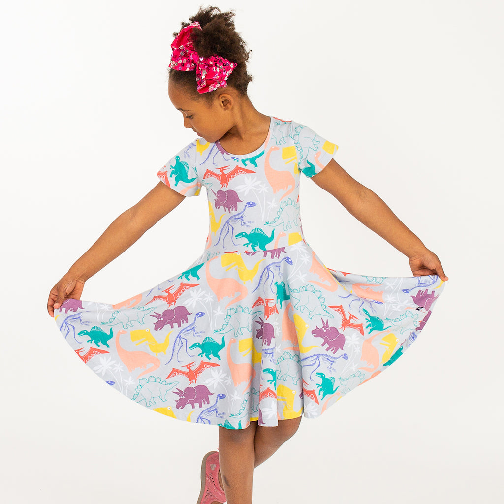“Mesozoic Mischief” Dinosaurs Short Sleeve Super Twirler Dress