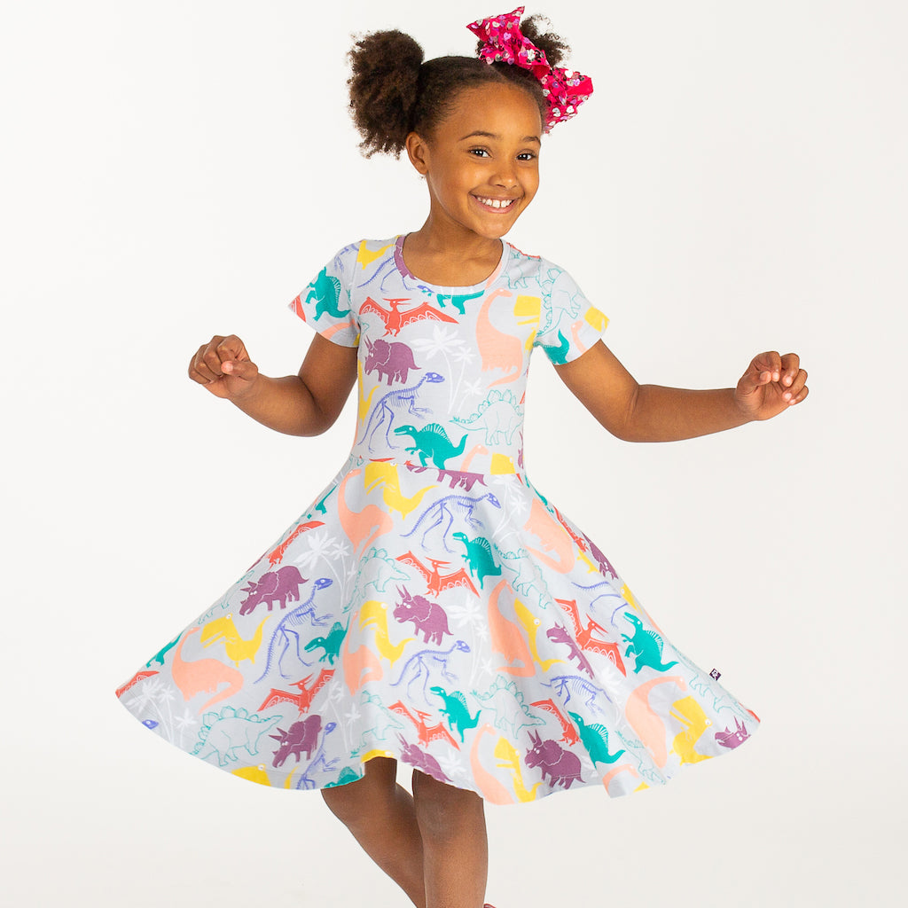 “Mesozoic Mischief” Dinosaurs Short Sleeve Super Twirler Dress