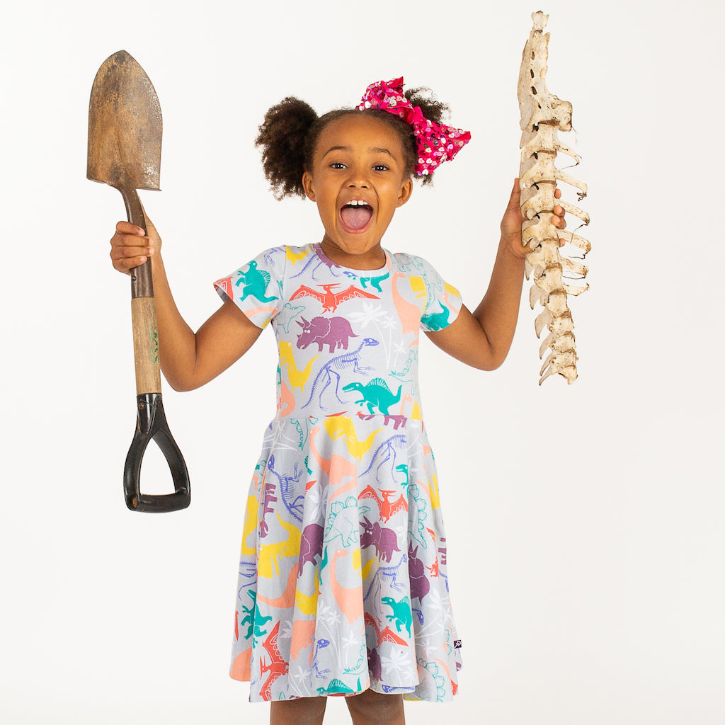 “Mesozoic Mischief” Dinosaurs Short Sleeve Super Twirler Dress