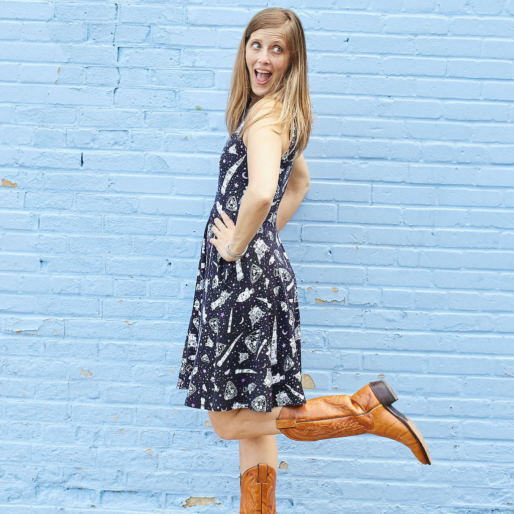 “One Giant Leap” Moon Landing Anniversary Knee-Length Stretchy Sleeveless Dress with Pockets - Adult