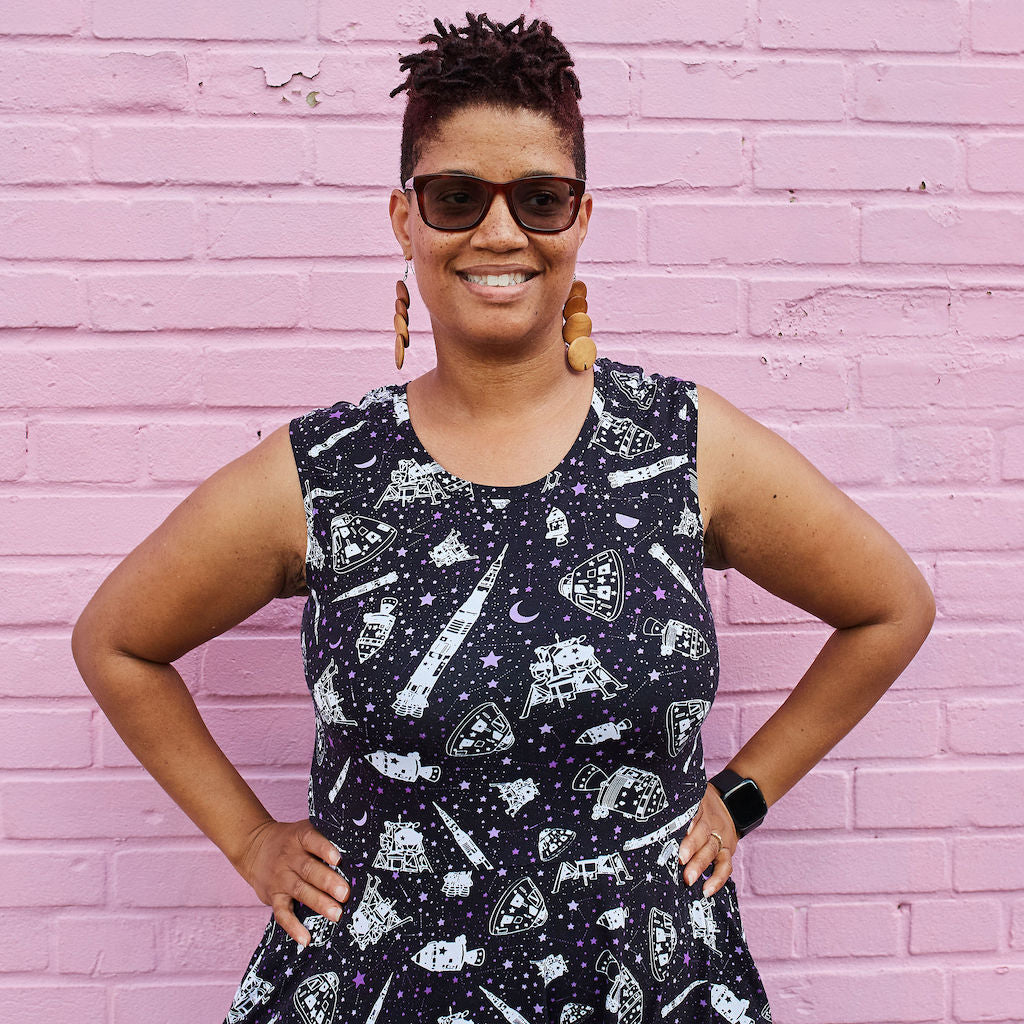 “One Giant Leap” Moon Landing Anniversary Knee-Length Stretchy Sleeveless Dress with Pockets - Adult