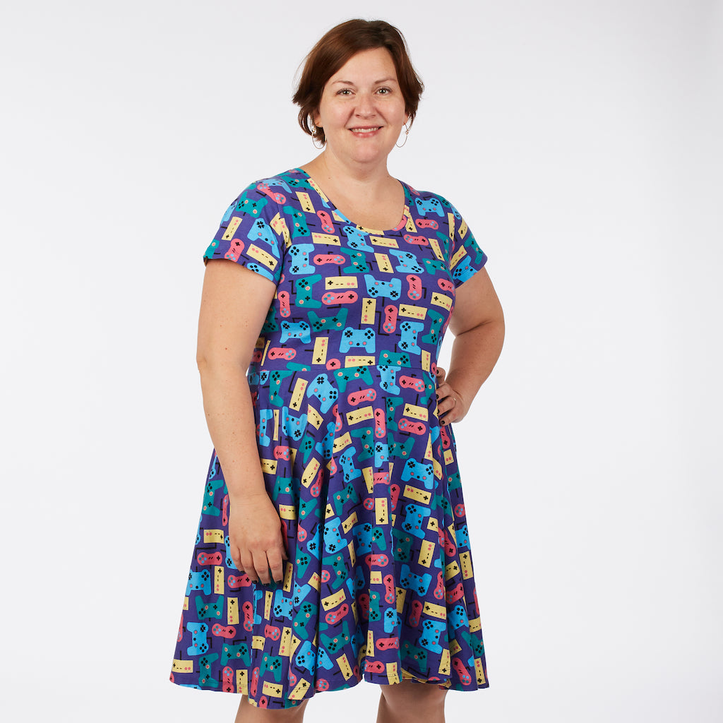 “Control Chic” Video Games Short Sleeve Super Twirler Dress with Pockets - Adult