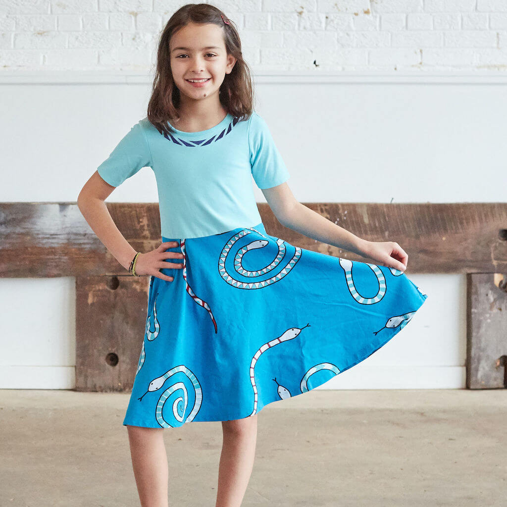 "Snakes on a Dress" Ballerina Style Short Sleeve Dress with Pockets