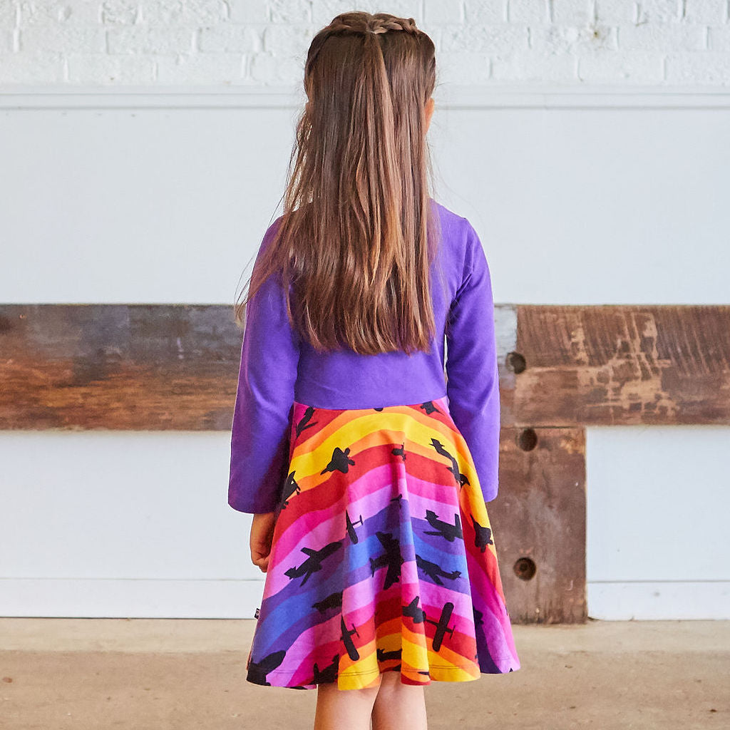 "Twilight Takeoff" Sunset Airplanes Long Sleeve Twirly Play Dress with Pockets
