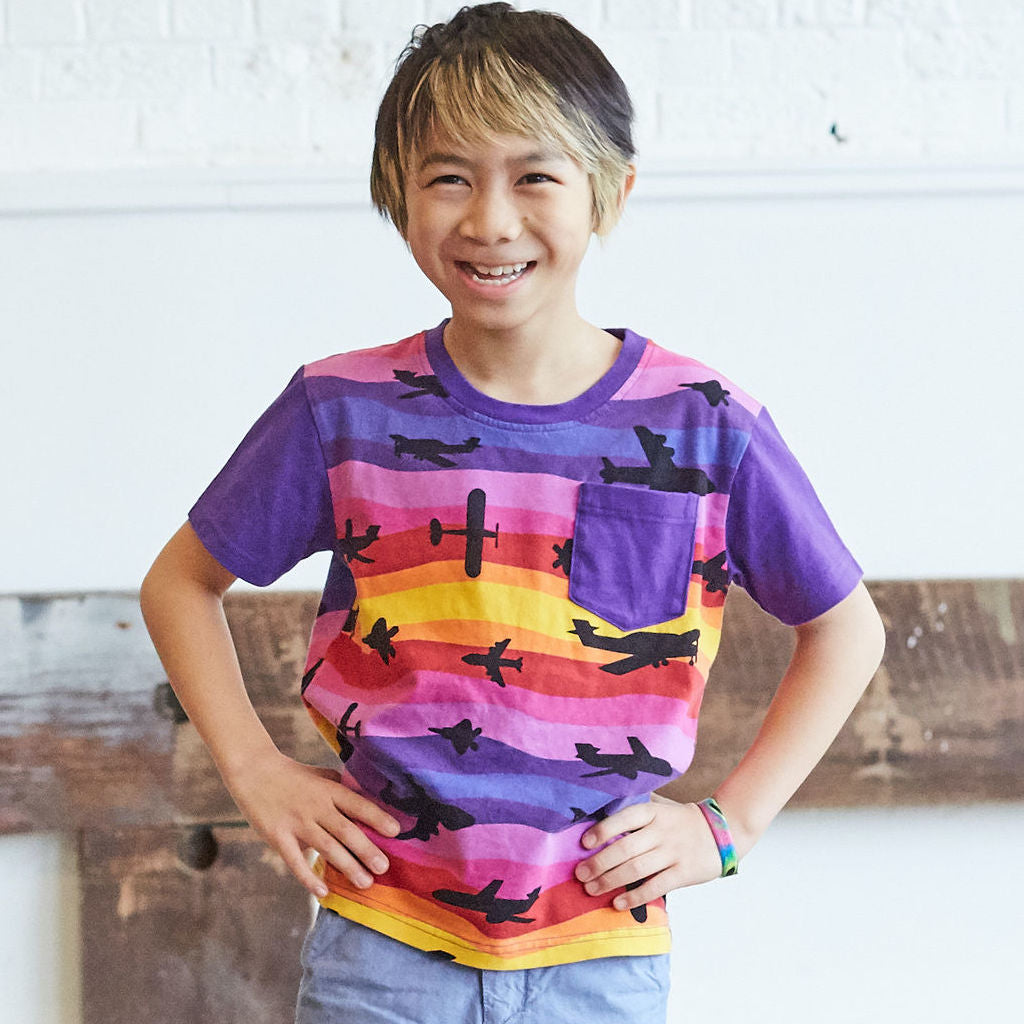 “Twilight Takeoff” Sunset Airplanes Short Sleeve Pocket Tee