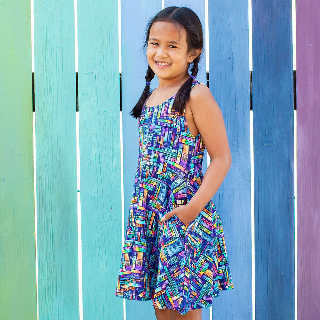 "Lost in the Stacks" Books Sleeveless Play Dress with Pockets