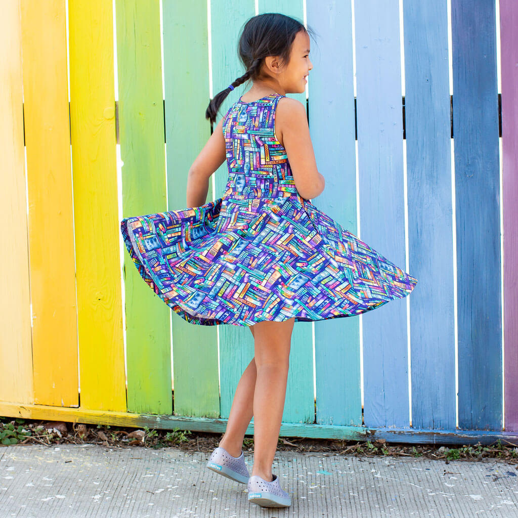 "Lost in the Stacks" Books Sleeveless Play Dress with Pockets