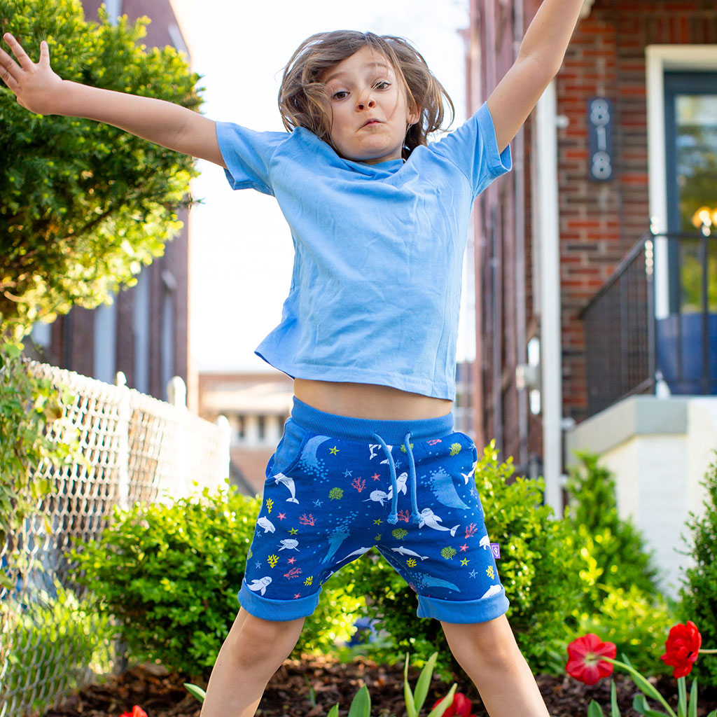"Deep Sea Dreaming" Dolphins Drawstring Cuffed Shorts with Pockets
