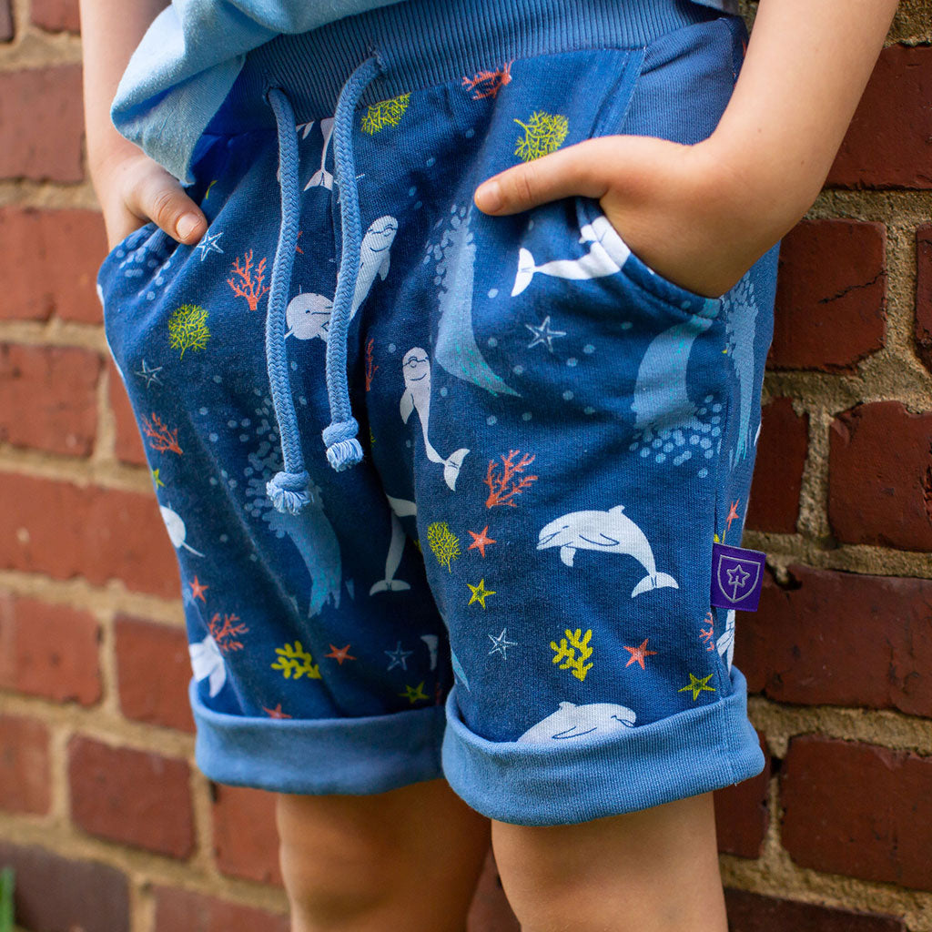 "Deep Sea Dreaming" Dolphins Drawstring Cuffed Shorts with Pockets
