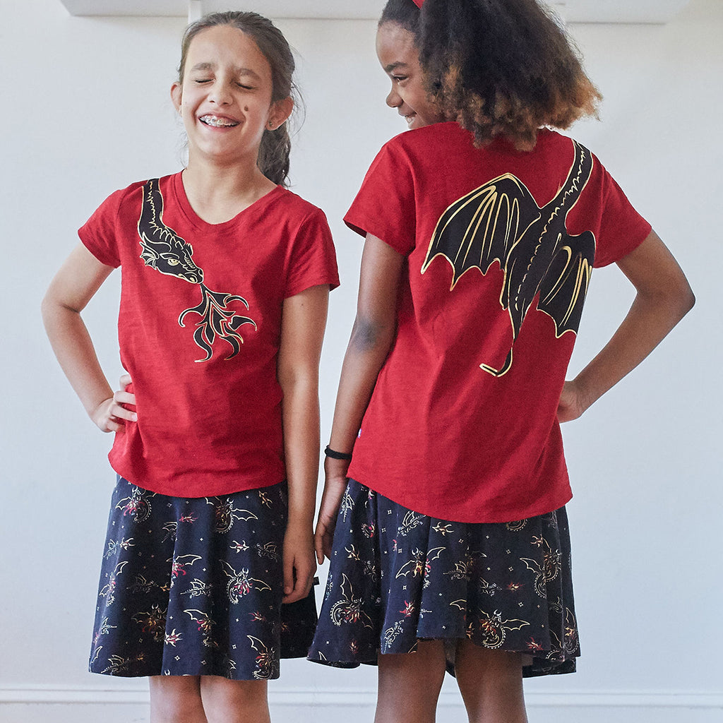 “Fire Flight” Dragons Stretchy Knee-Length Twirly Skirt