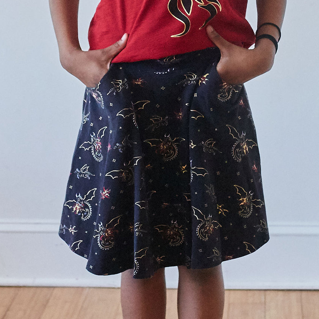 “Fire Flight” Dragons Stretchy Knee-Length Twirly Skirt