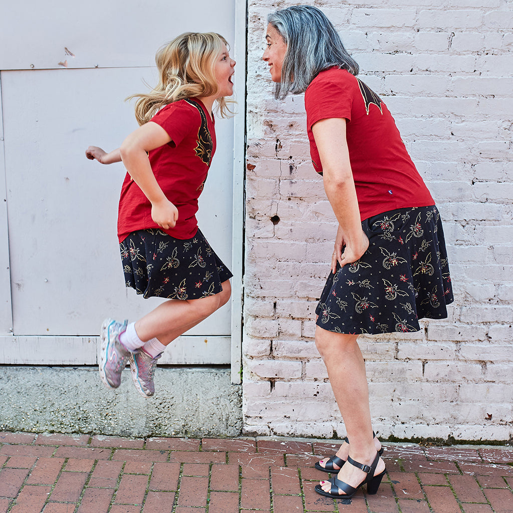 “Fire Flight” Dragons Stretchy Knee-Length Twirly Skirt