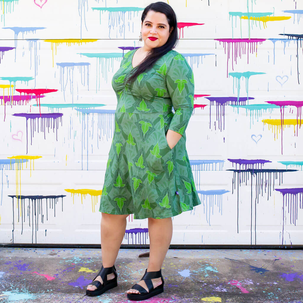 "Precious Ivy" Elven Leaves V-Neck A-Line Adult Dress with Sleeves and with Pockets