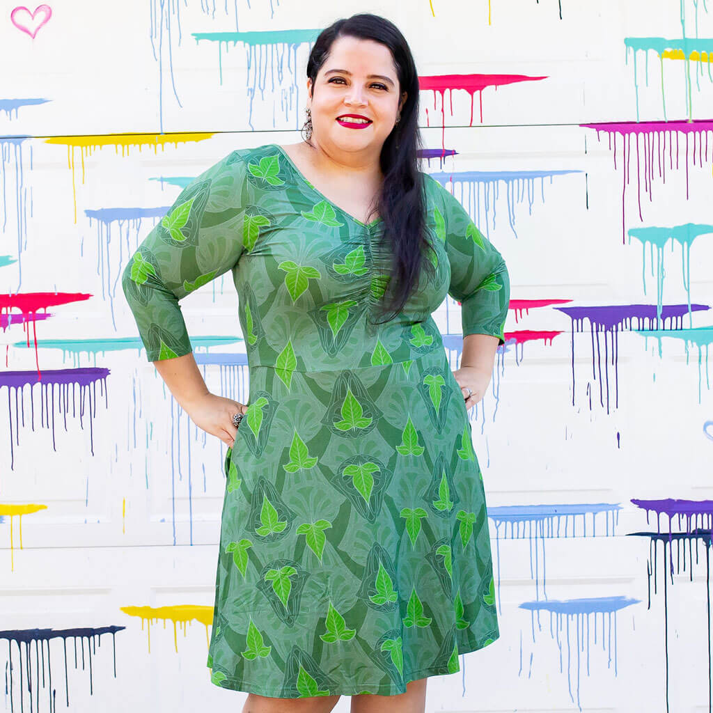 "Precious Ivy" Elven Leaves V-Neck A-Line Adult Dress with Sleeves and with Pockets