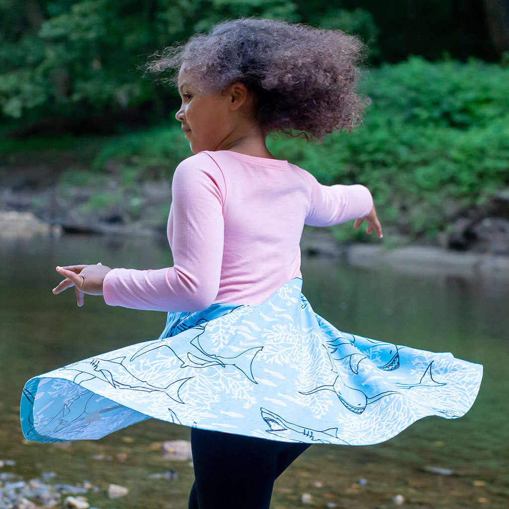 "Hello Chum" Sharks Twirly Play Dress with Pockets and Long Sleeves