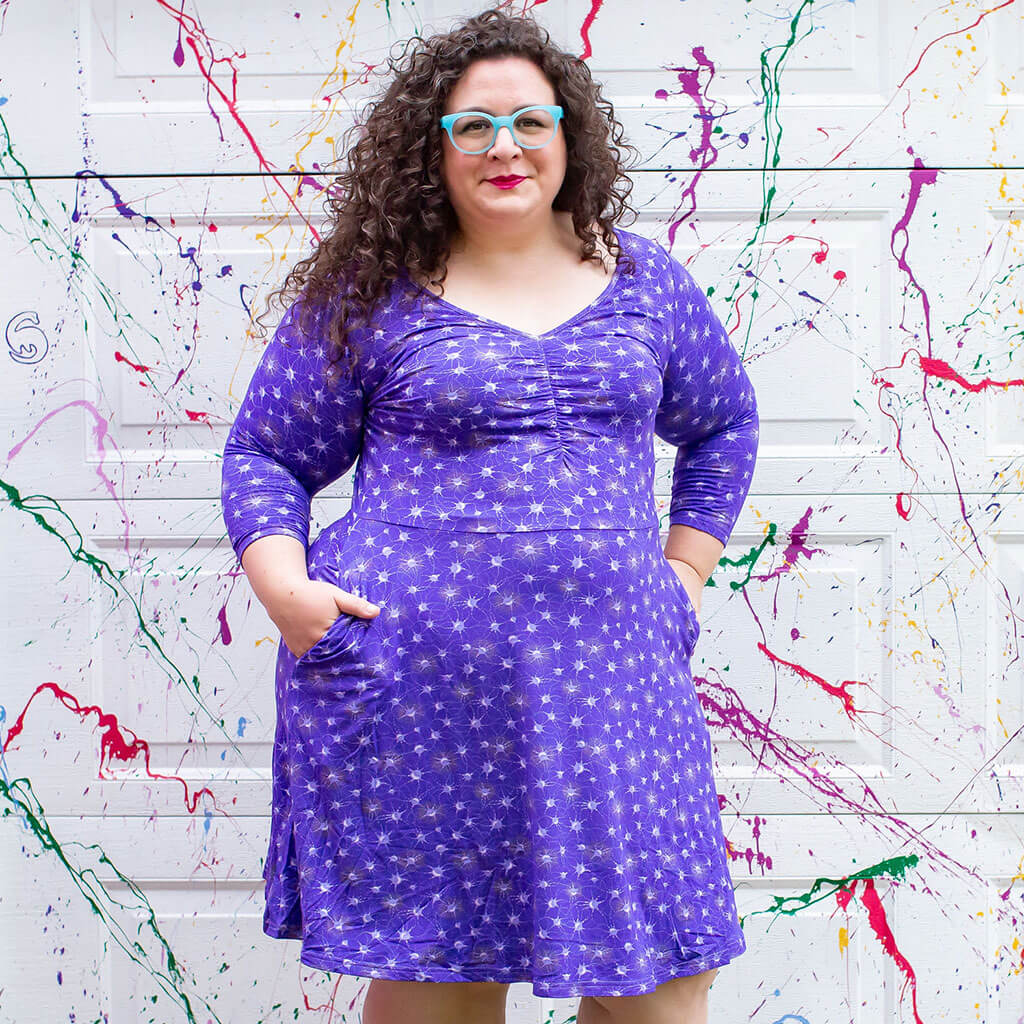 "Cresyl Violet" Adult Neurons V-Neck A-Line Dress with Sleeves and with Pockets